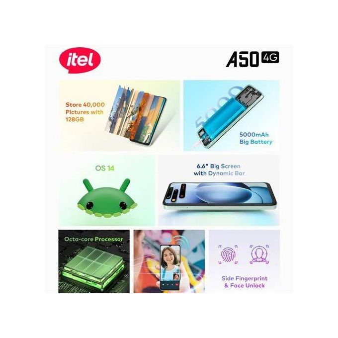 Itel A50, 6.6&#039;&#039;, 64GB + 2GB RAM (Dual SIM), 4G, 5000mAh, Black, android 14